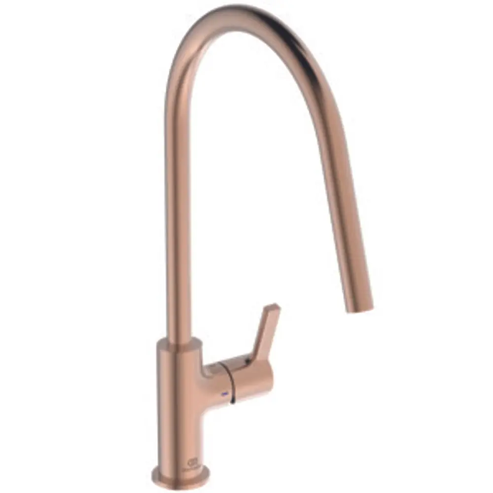 Küchenarmatur in kupferfarbener Ausführung von Ideal Standard, mit hohem Auslauf und seitlichem Hebel zur Wassersteuerung.